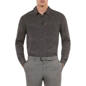 NWT The Kooples Mens Mini Hearts Print Button Down Shirt, FR L, Black, Viscose‎